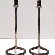 Minimalist Pair of Silver Plated Metal Candleholders in the Style of Sabattini