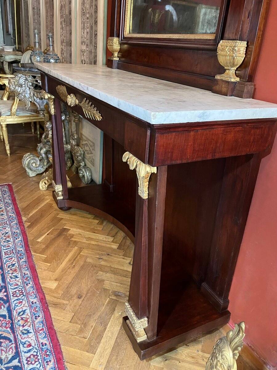 Italian Empire Mahogany and Parcel Gilt Console with Mirror and Carrara Marble Top, Late 18th Century