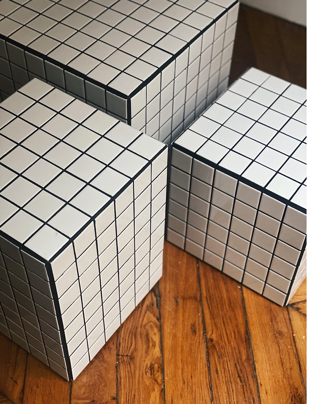 Side table cube piece of sofa tile mosaic white joint black ora 30x30xh40cm