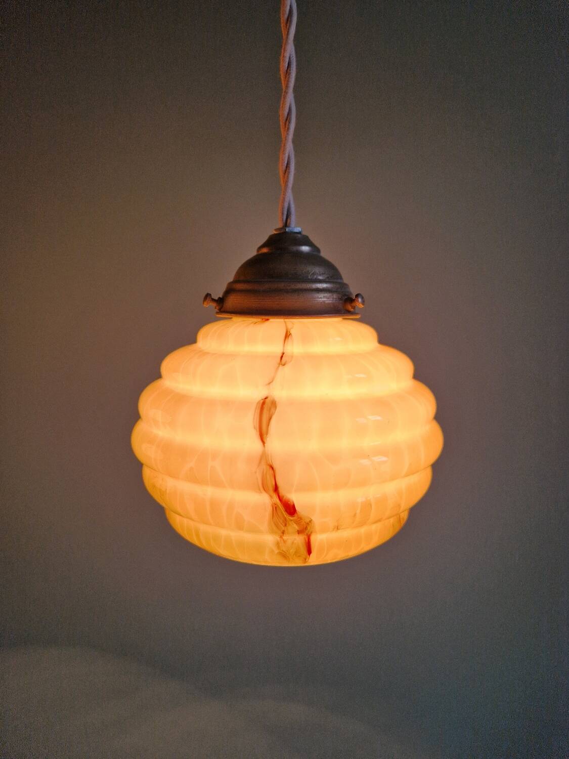 Pair of Art Deco marbled opaline pendant lights, 1920s-30s