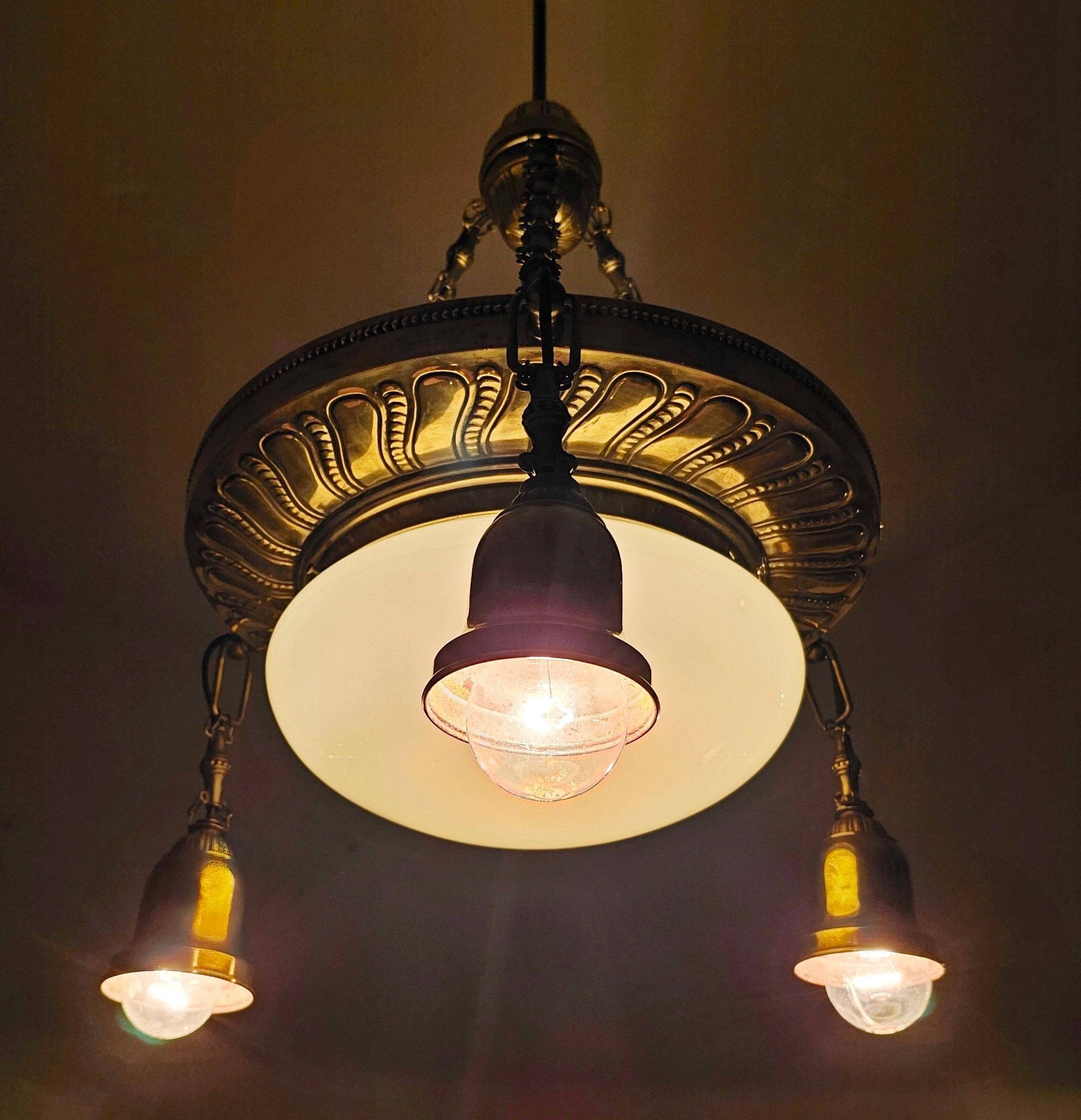 Polished Brass Art Nouveau Chandelier with Opaline Glass Dome