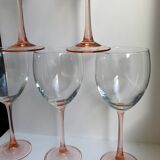 Set of 6 large pink-stemmed wine glasses Made in France 1970s