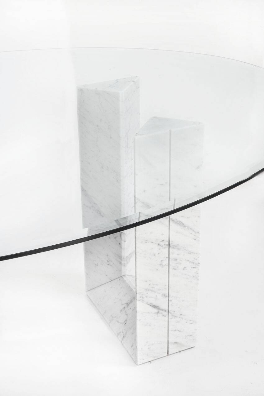Table named "Diapason". Carrara marble and glass. Cattelan Italia. 90s.