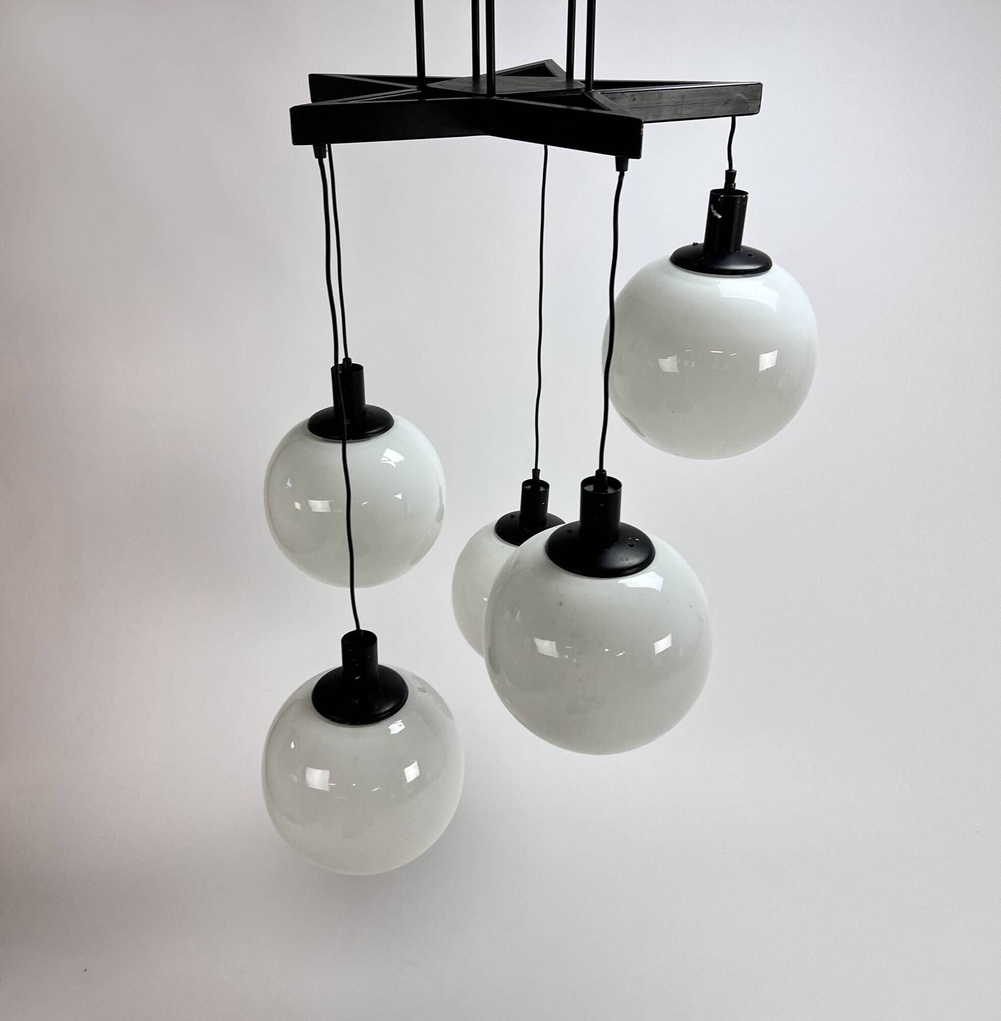 Mid century hanging lamp with 5 white bols, 1970s