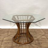 1970s Roche Bobois table in glass and varnished wicker rattan.