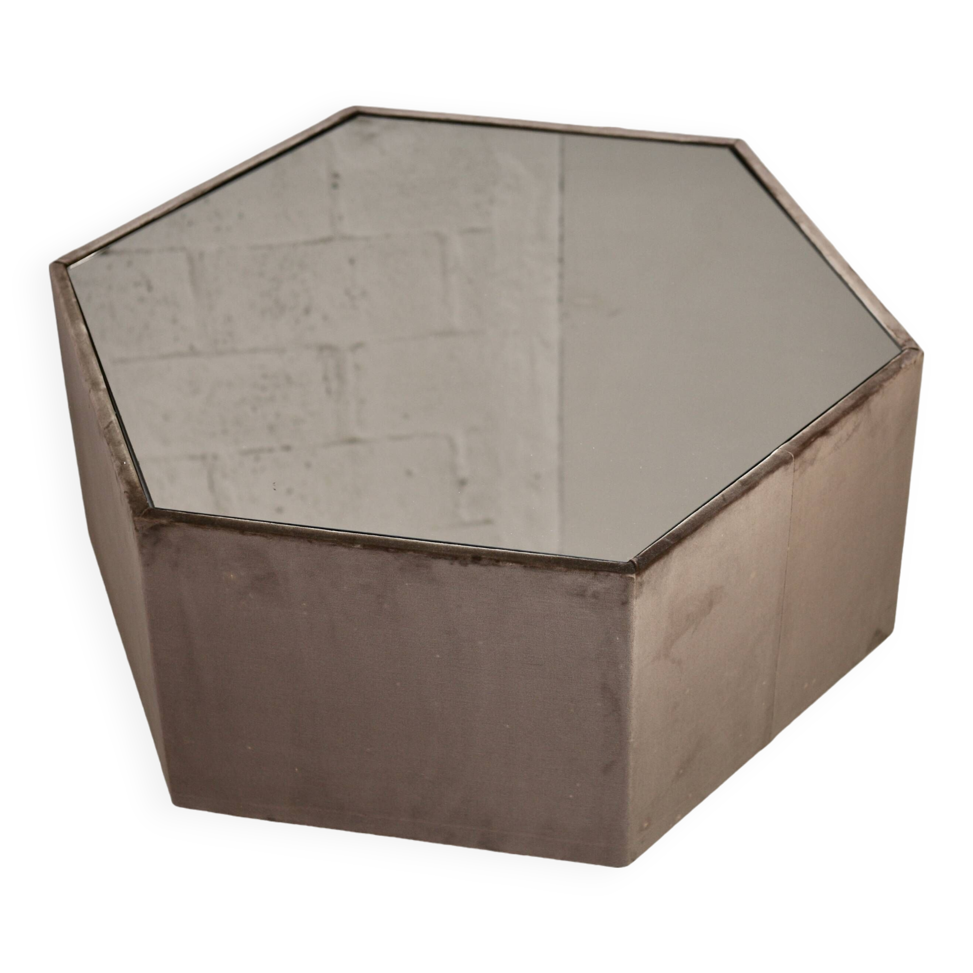 Space age table, hexagonal. Wood, velvet and smoked mirror. Circa 1970