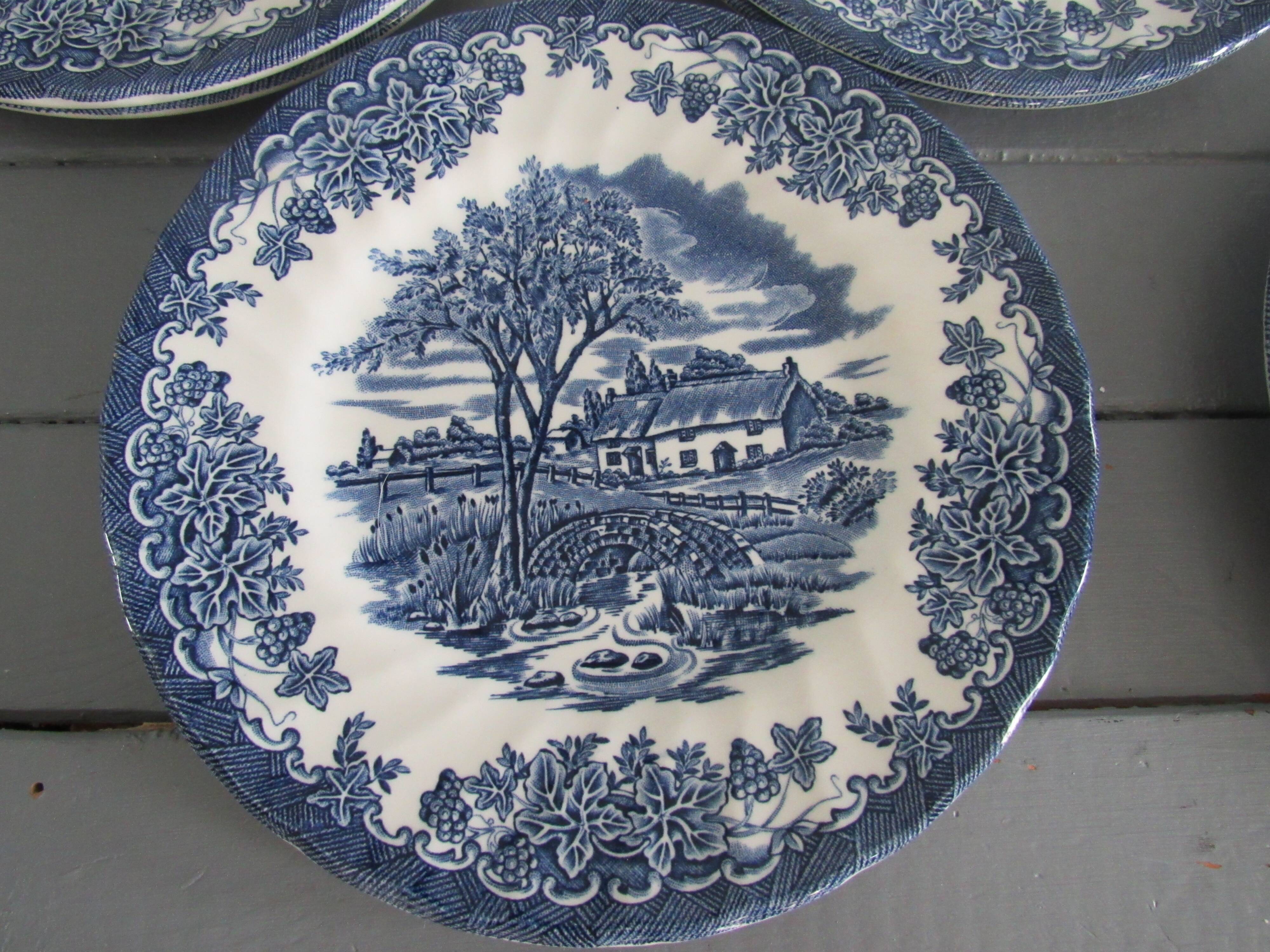 Set of 9 myott meakin england blue dessert plates