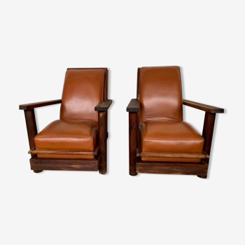 PAIR OF BRUTALIST ARMCHAIRS IN TEAK AND VINTAGE COGNAC LEATHER FROM THE 1950S