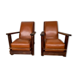PAIR OF BRUTALIST ARMCHAIRS IN TEAK AND VINTAGE COGNAC LEATHER FROM THE 1950S