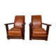 PAIR OF BRUTALIST ARMCHAIRS IN TEAK AND VINTAGE COGNAC LEATHER FROM THE 1950S