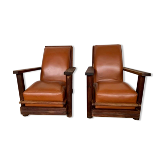 PAIR OF BRUTALIST ARMCHAIRS IN TEAK AND VINTAGE COGNAC LEATHER FROM THE 1950S