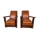 PAIR OF BRUTALIST ARMCHAIRS IN TEAK AND VINTAGE COGNAC LEATHER FROM THE 1950S