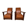 PAIR OF BRUTALIST ARMCHAIRS IN TEAK AND VINTAGE COGNAC LEATHER FROM THE 1950S