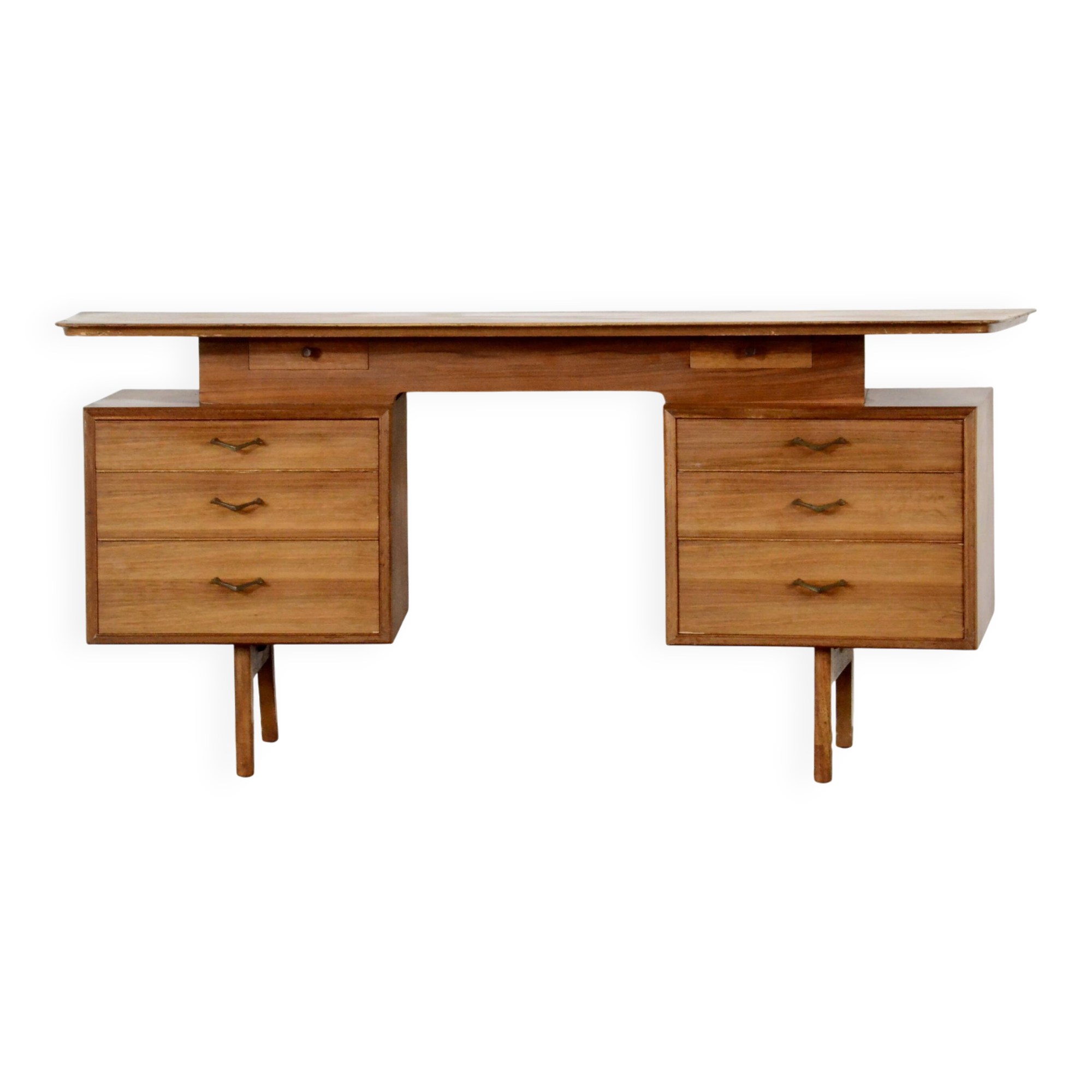 Midcentury Alfred Cox Desk In Walnut And Brass.