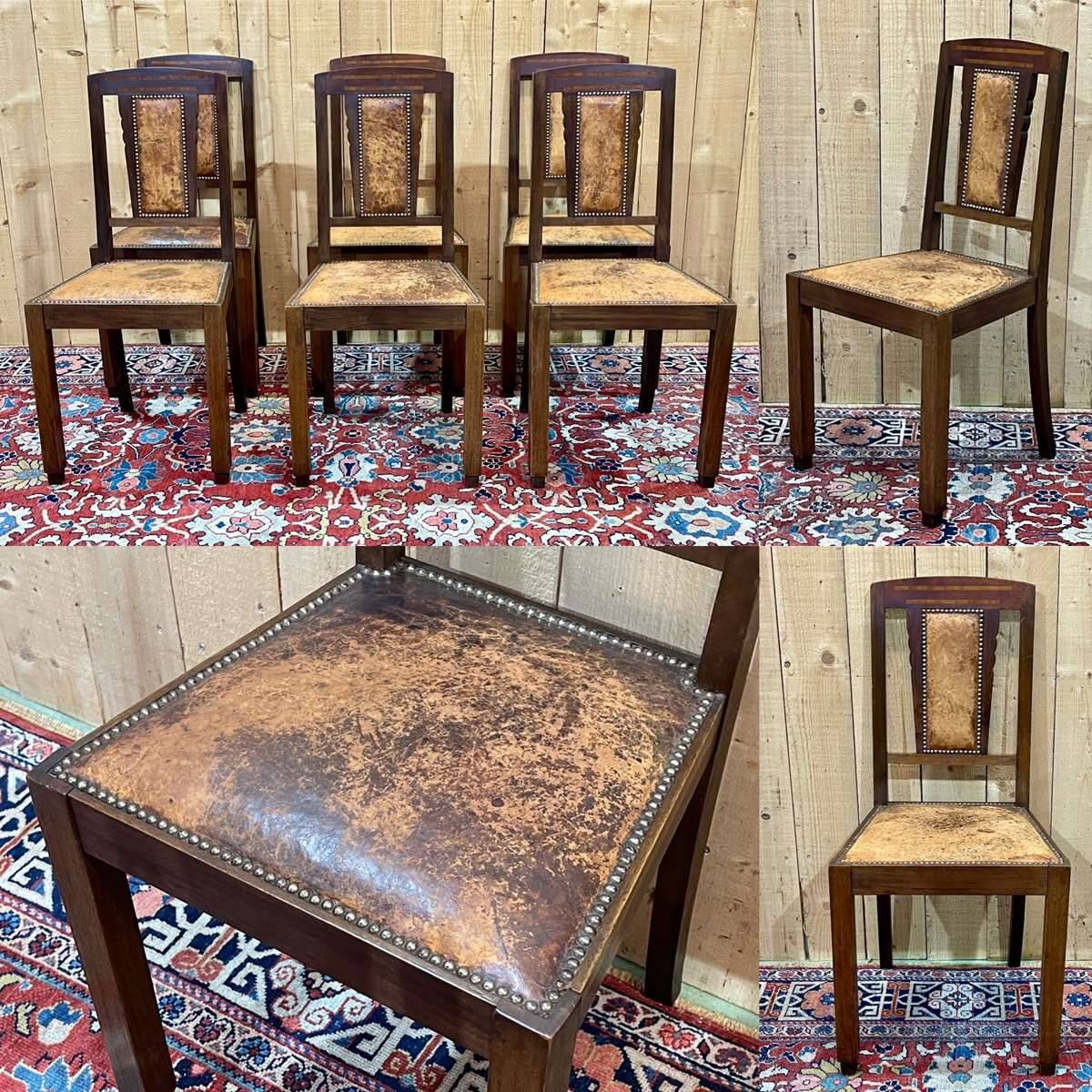 Series of 6 Art Deco chairs in mahogany and leather from the 1930s
