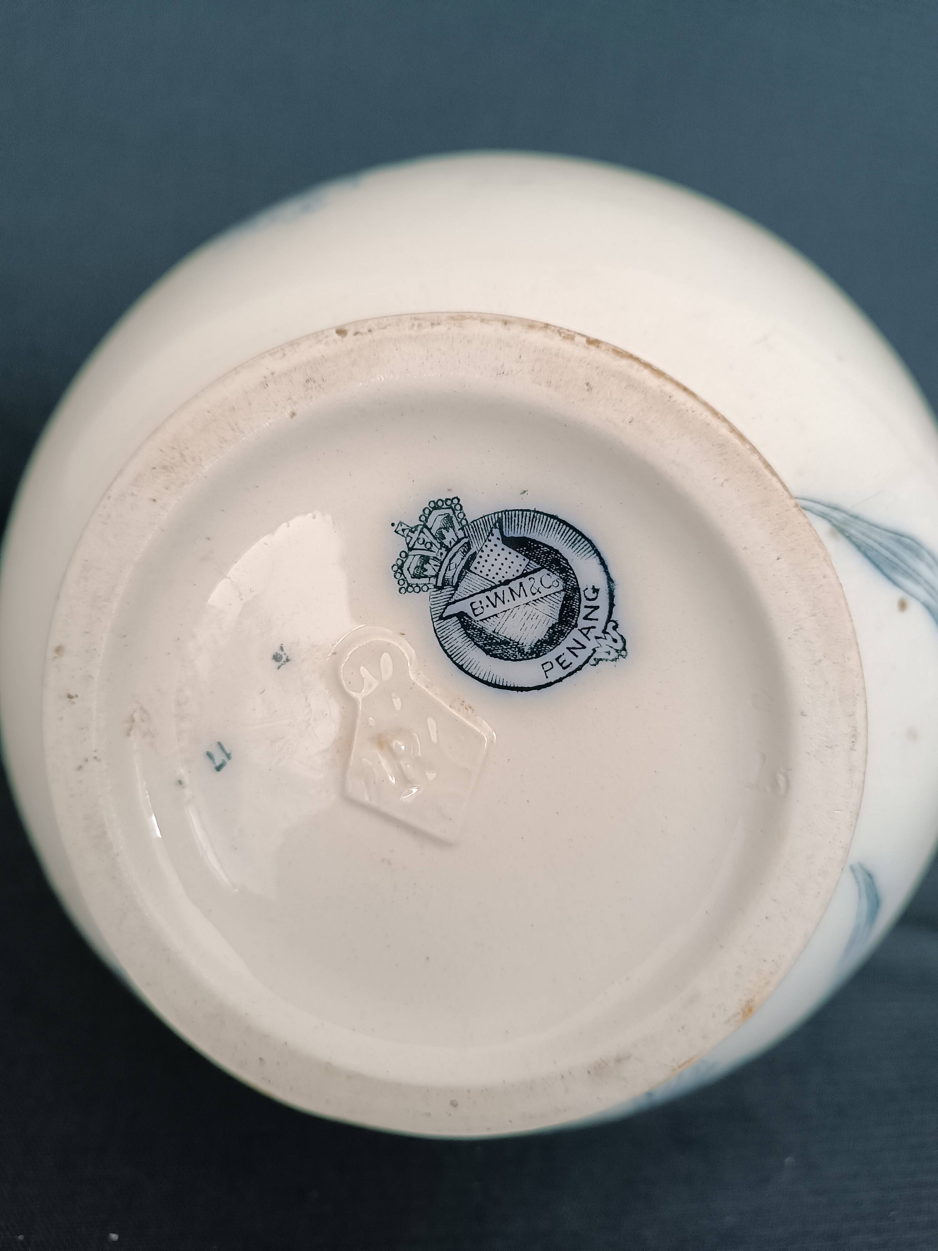 Pitcher jug vase earthenware floral decor blue early 20th century