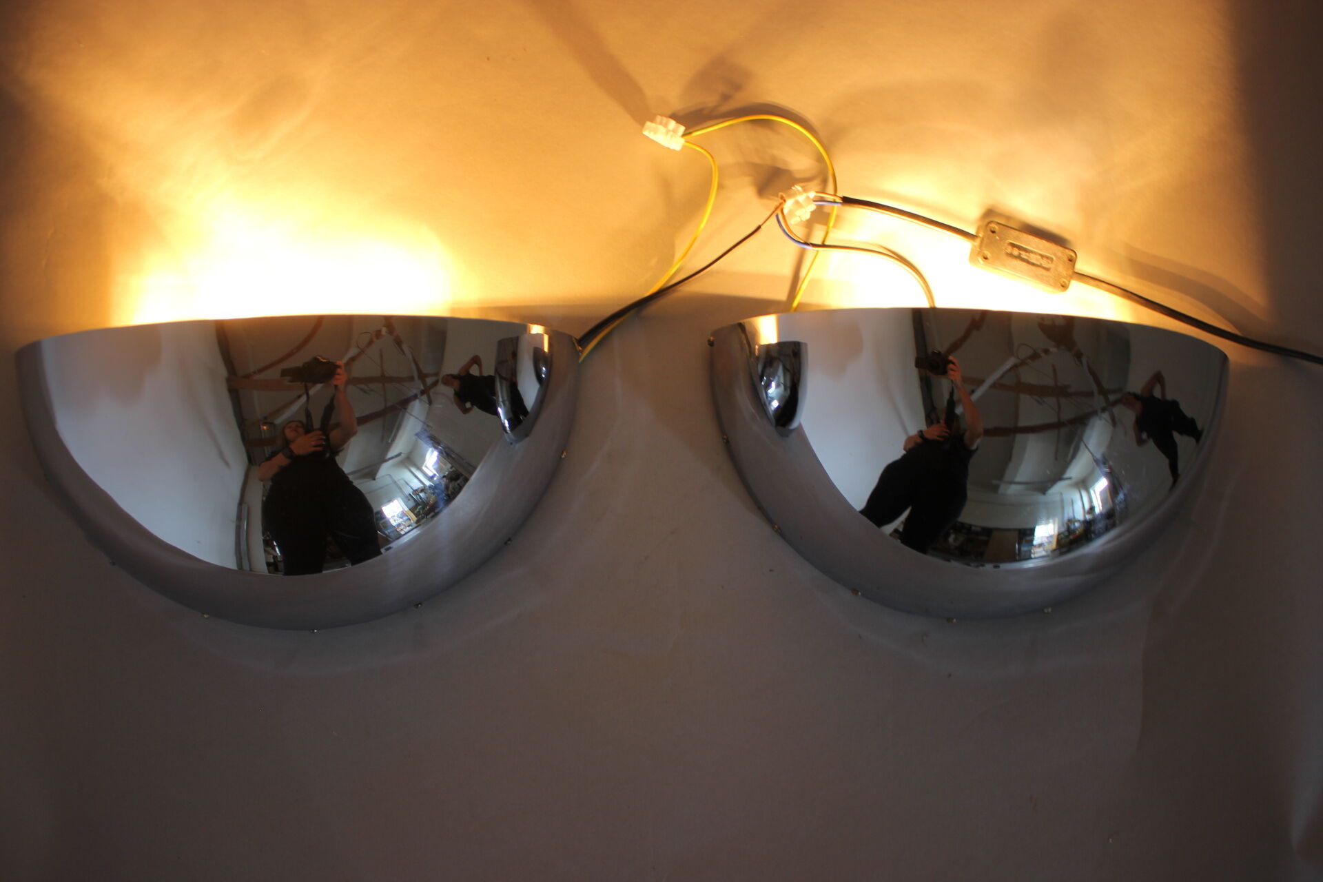 1930s pair of bauhaus chrome plated wall lamps/scones, czechoslovakia