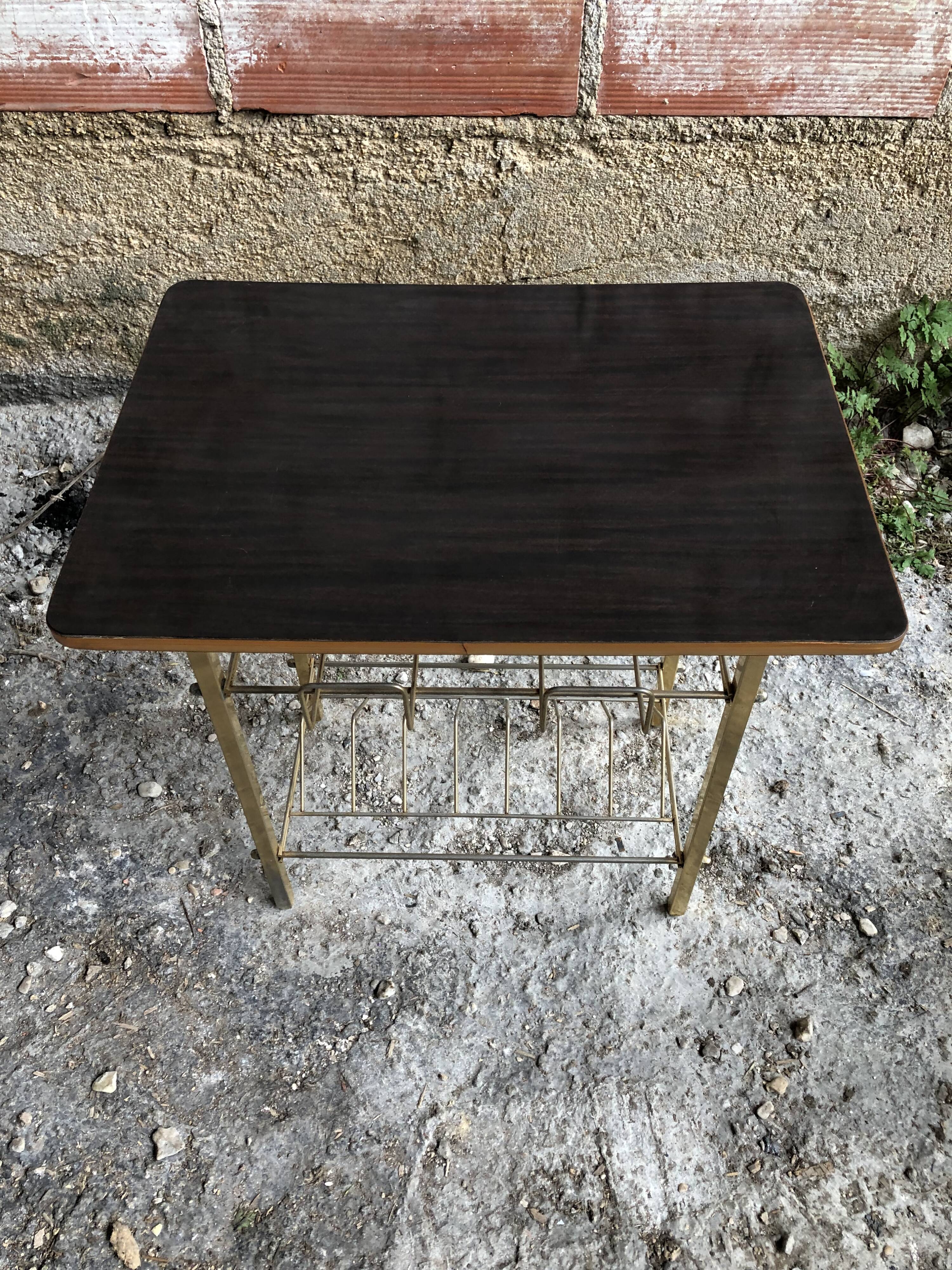 Old Furniture Table Hifi Door Vinyls Golden Metal + Formica Vintage Tray
