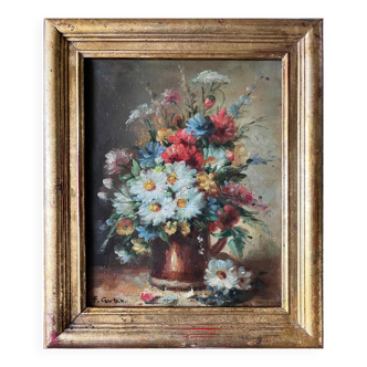 Tableau HST "Bouquet de fleurs des champs" signé + cadre
