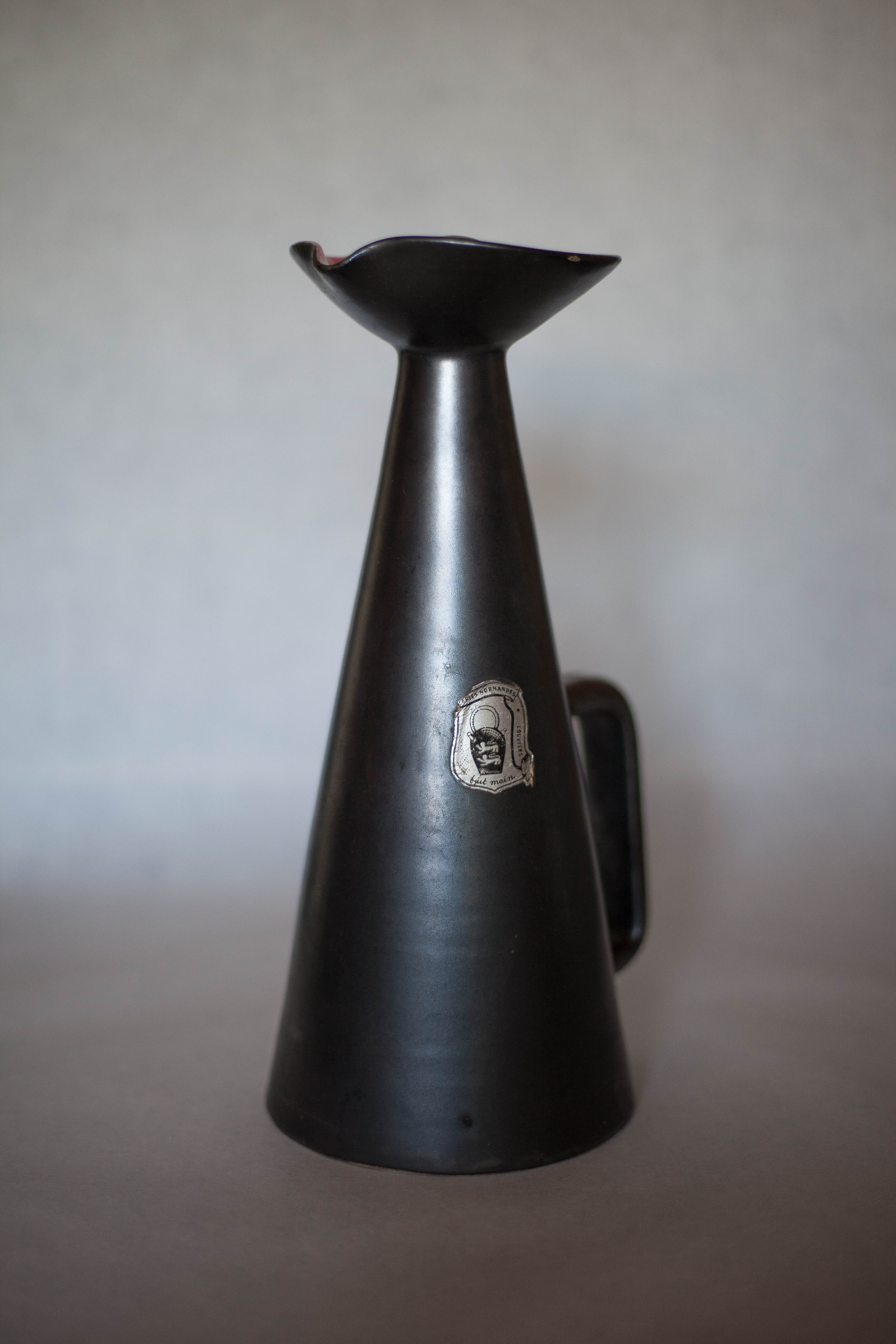 Ceramic pitcher of Louviers manufacture 50s, pitcher with conical handle