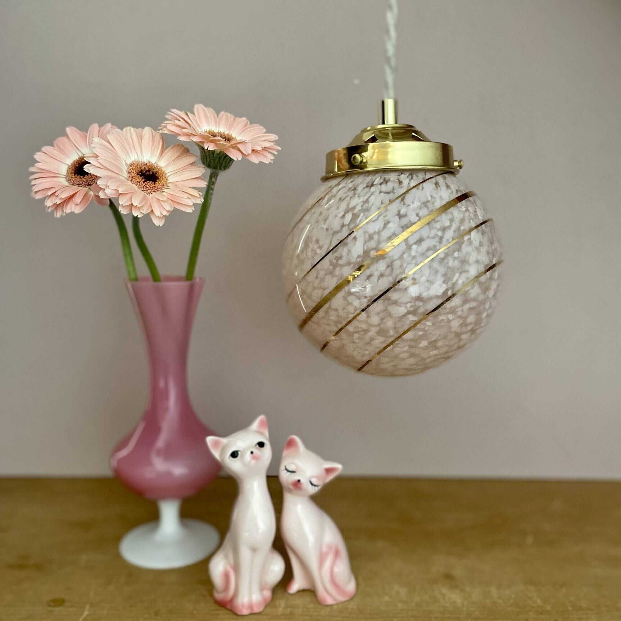 Vintage art deco globe pendant light in pink and gold Clichy glass