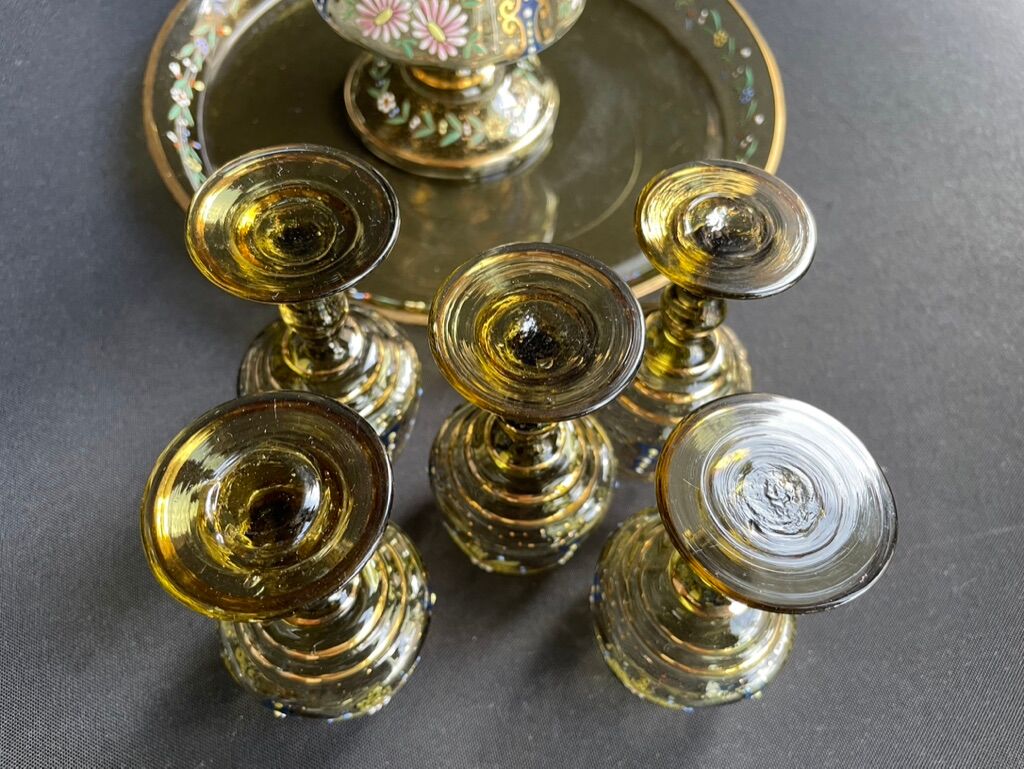 Amber crystal enamel and gilded liquor service