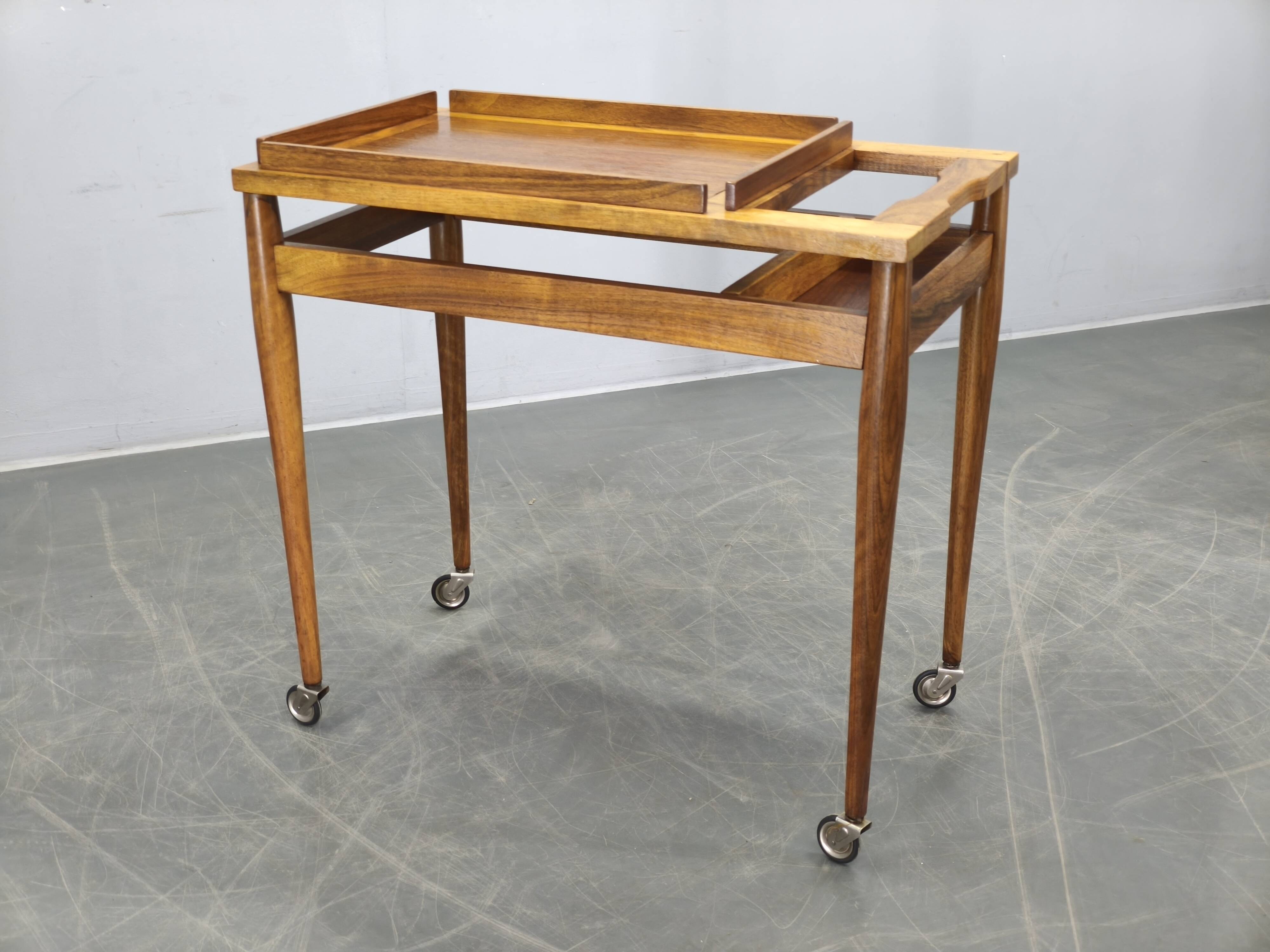 Mid Century Walnut Serving Cart, Czechoslovakia, 1970s