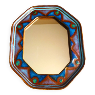 Octagonal mirror in glazed ceramic by Dequeker, 1970s