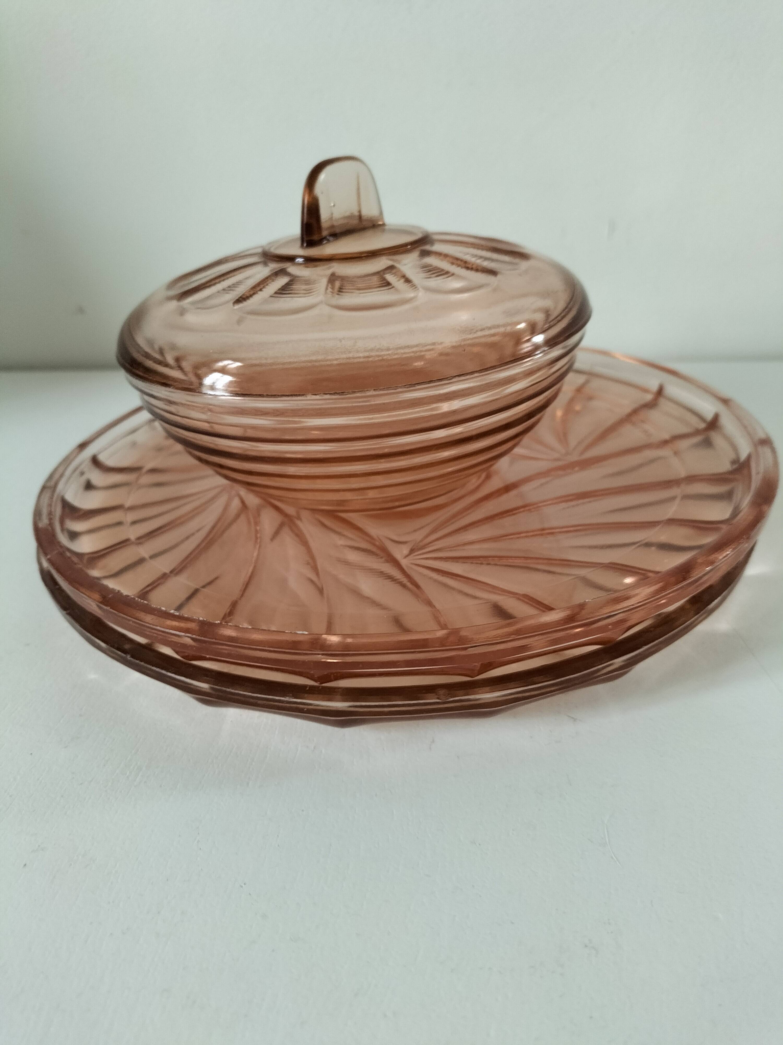 Orange-pink pressed glass trio