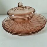 Orange-pink pressed glass trio