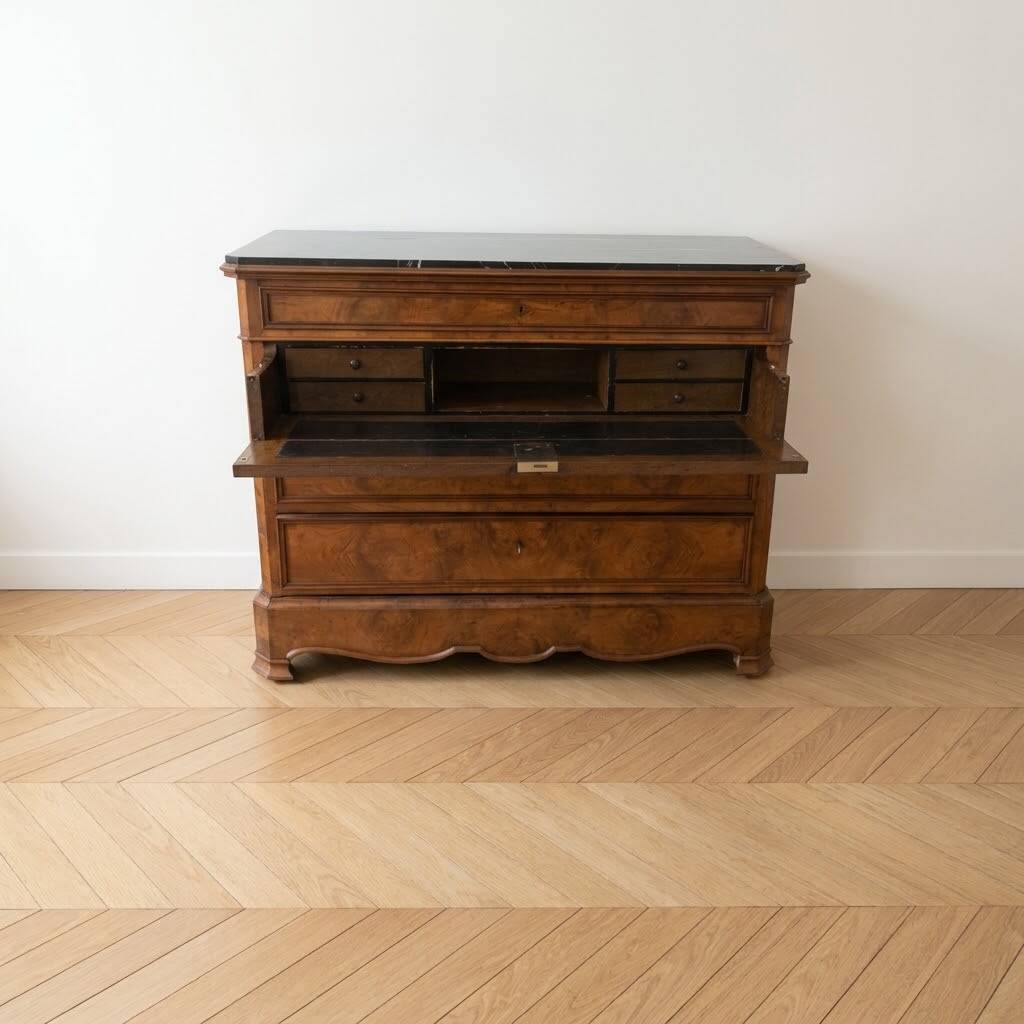 Antique walnut secretary chest with marble top.