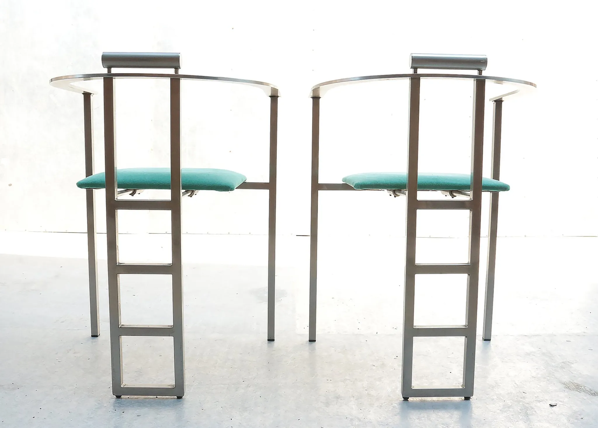 Pair of Memphis style Belgo Chrom chairs, steel and green velvet, 1980s