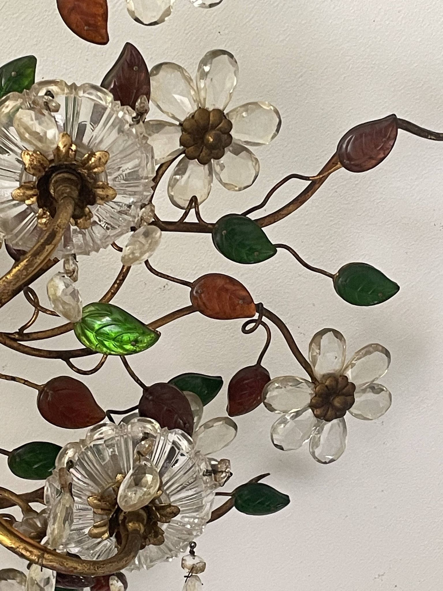 Floral chandelier Banci Firenze with 6 lights, coloured glass and gold metal.