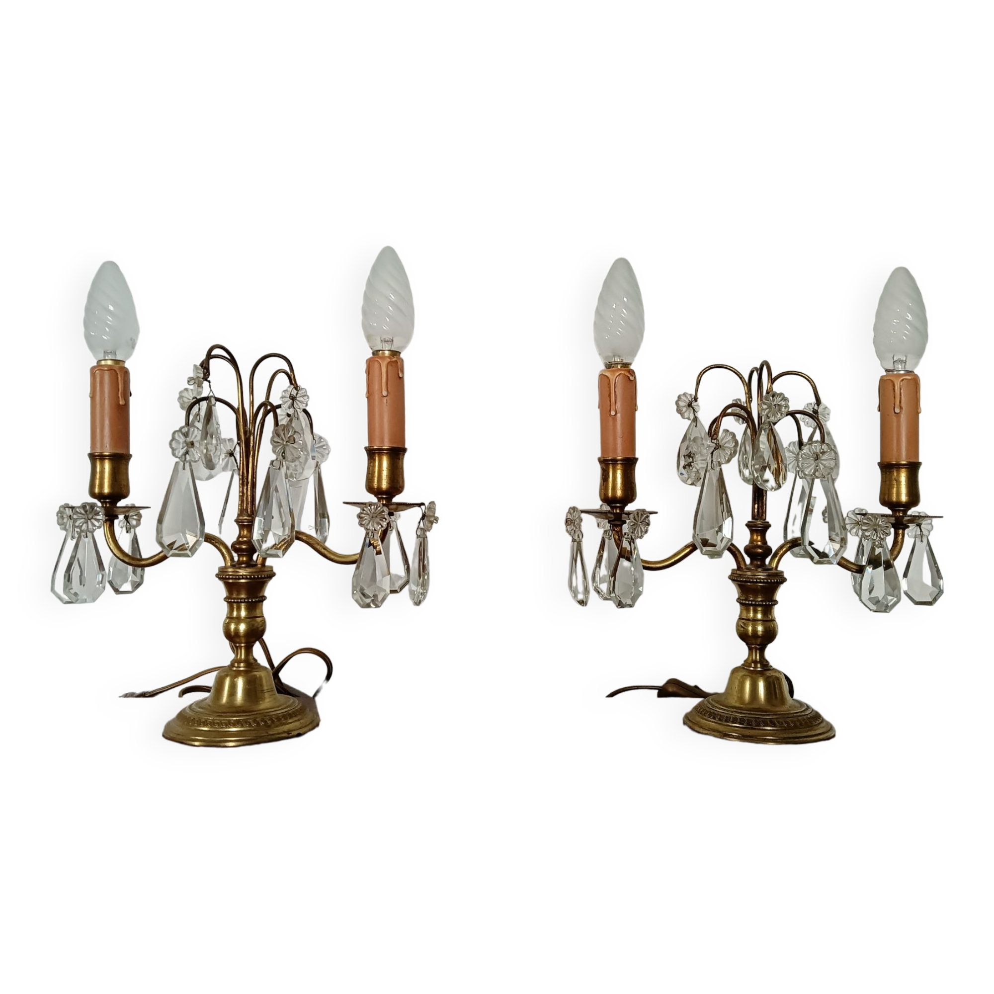 Pair of bronze girandoles with crystal pendants, two arms of lights.