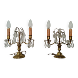 Pair of bronze girandoles with crystal pendants, two arms of lights.