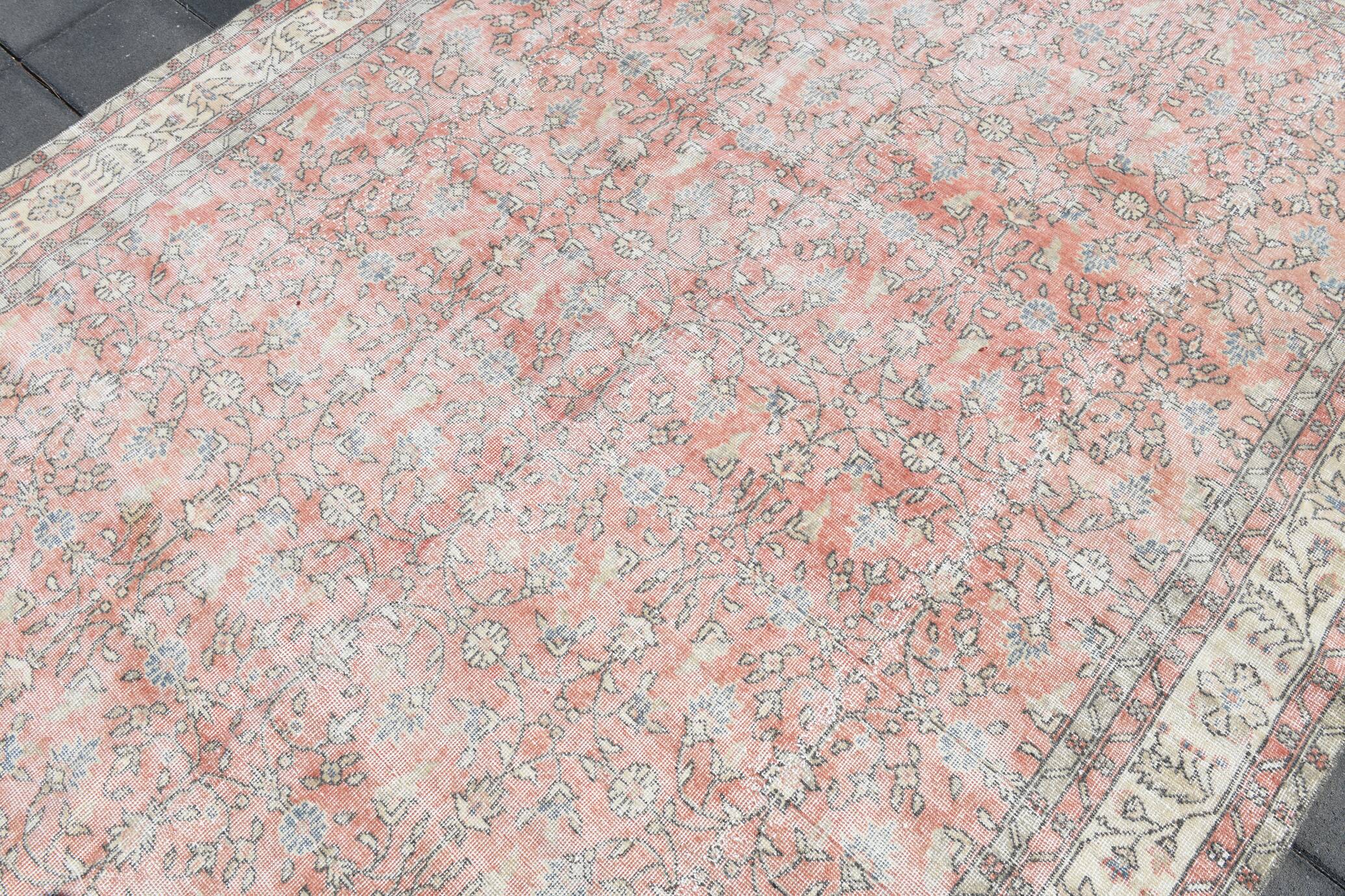 Soft Pink Oversize Vintage Turkish Floral Carpet Rug, 219x313 Cm