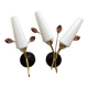 Pair of wall sconces in brass with white glass tulips.