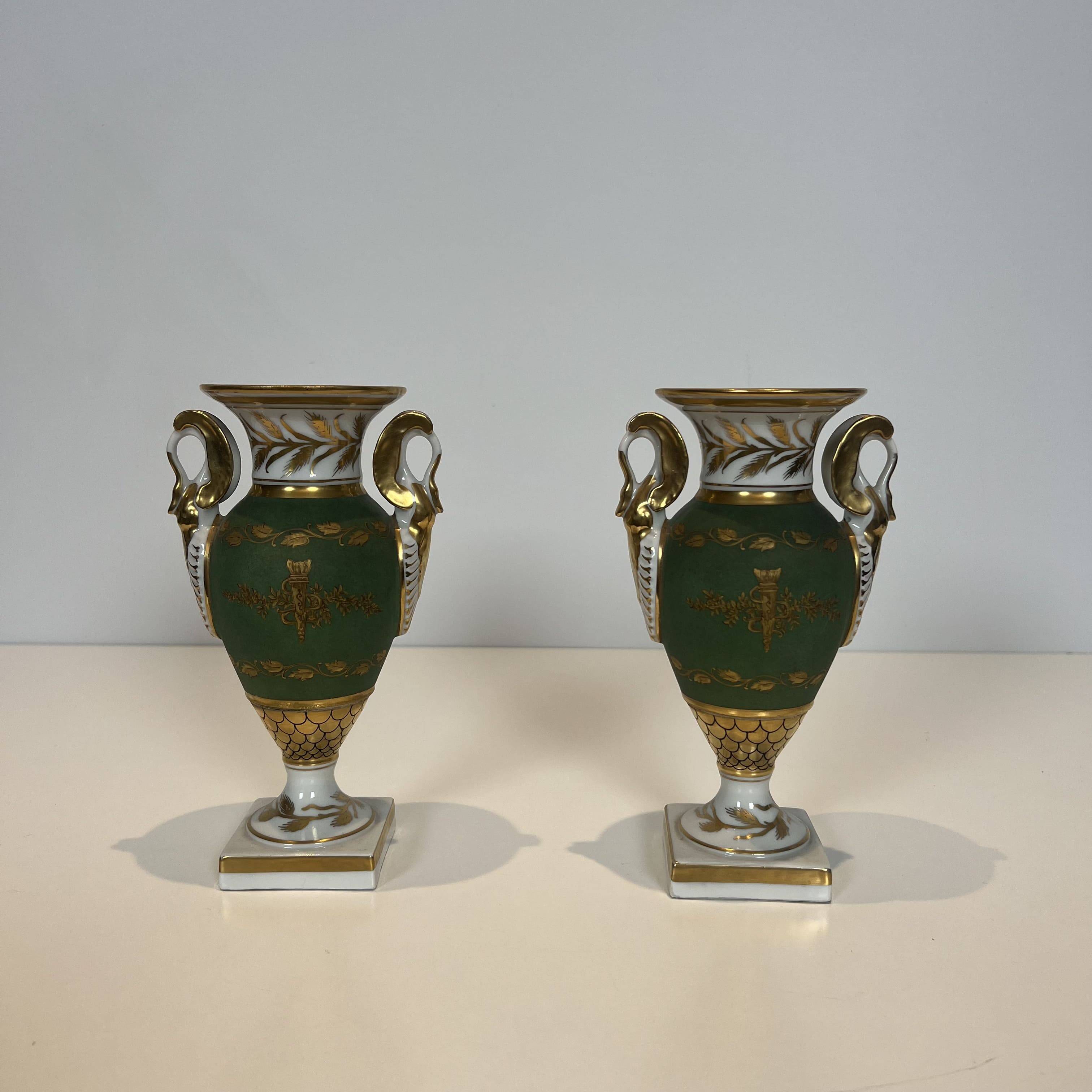 Pair of Empire Style Porcelain Vases, Decorated with Swans and Bundles