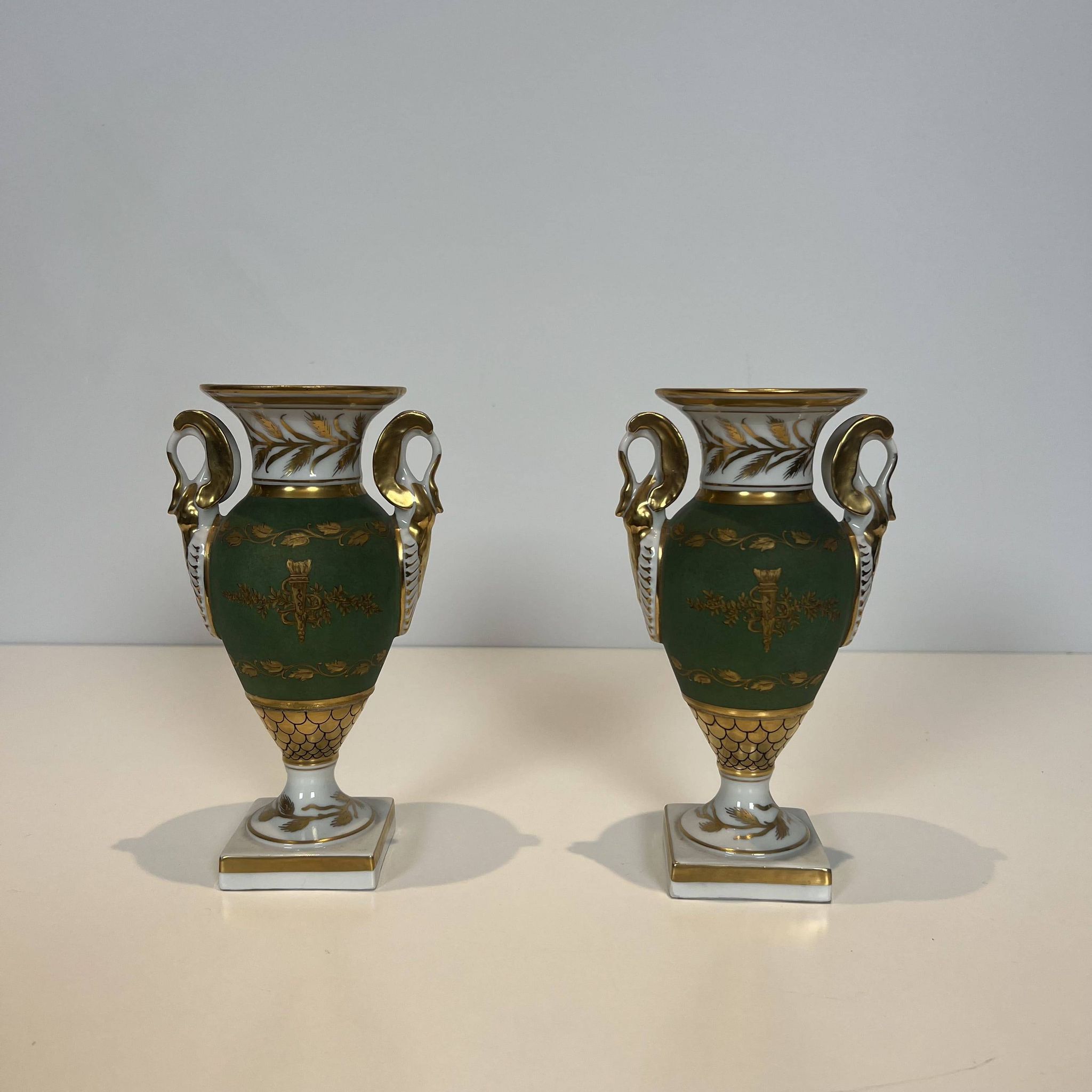 Pair of Empire Style Porcelain Vases, Decorated with Swans and Bundles