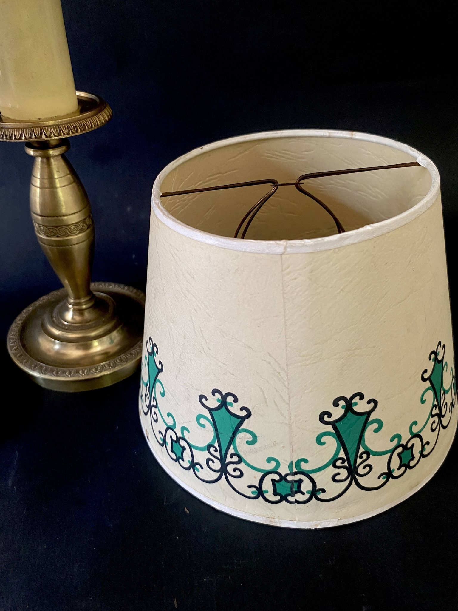 Pair of brass lamps, new 2M fabric cables, paper lampshades