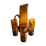 service 3 glasses and decanter color dark amber and gold 1970