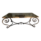 Table basse fer forgé 1950 vec plateau en verre eglomisé