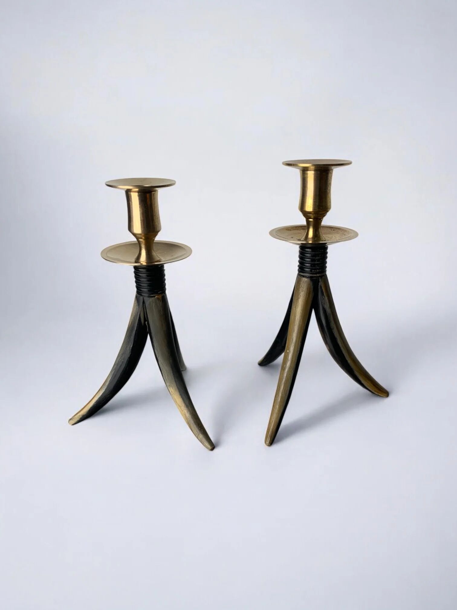 Paire de bougeoirs en fausse corne, résine et laiton, Italie années 1970