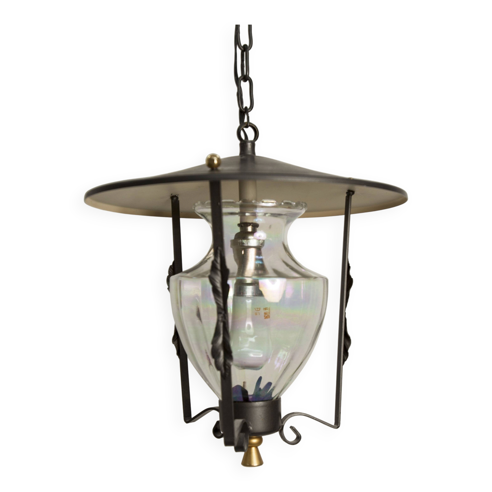 1960s lantern ceiling light with iridescent glass.