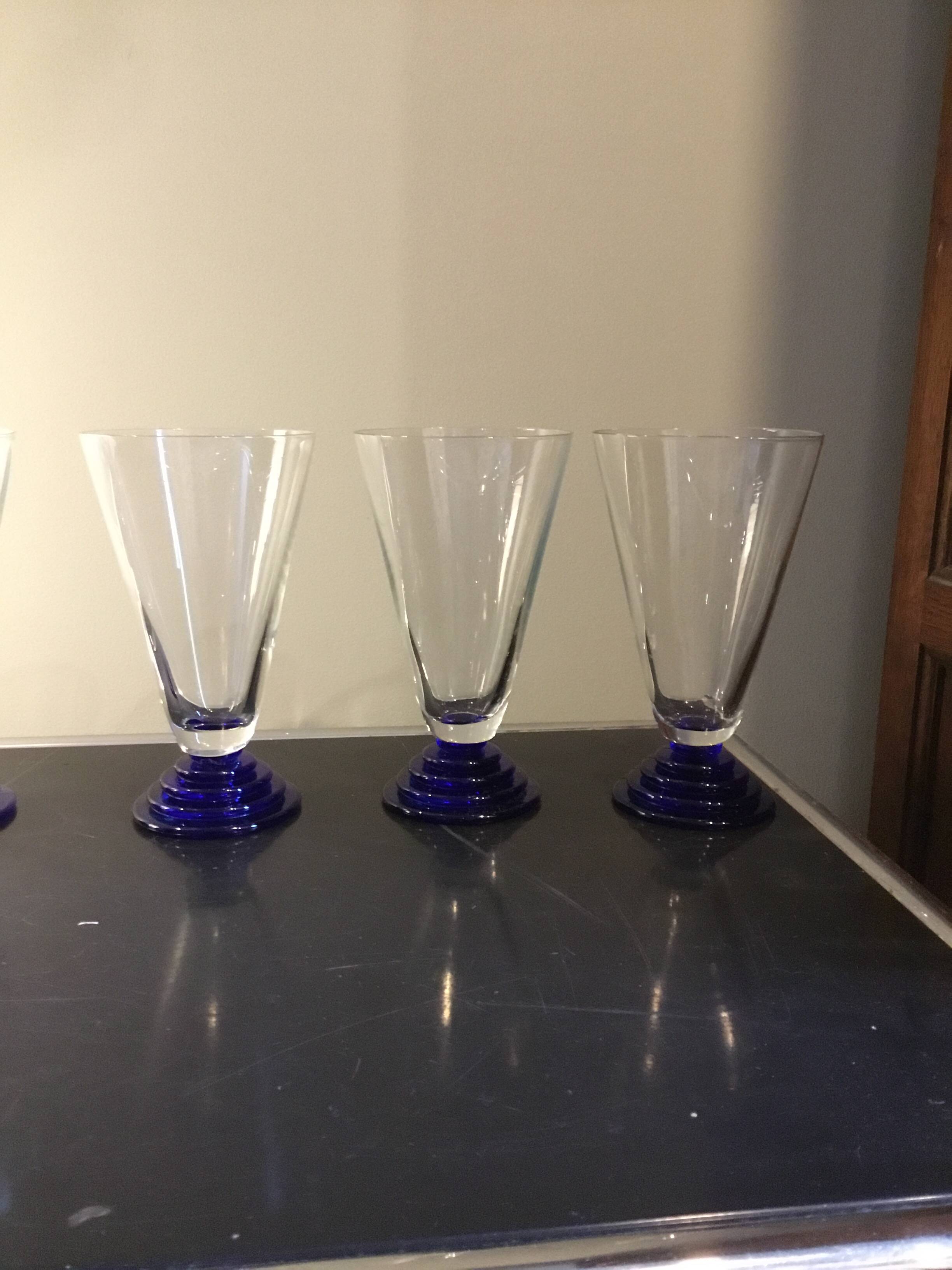 6 cobalt blue Art Deco footed glasses
