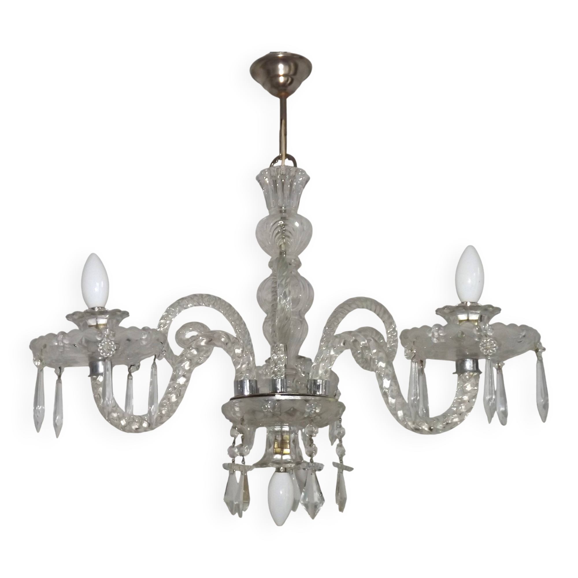 French antique glass and crystal barley twist three-armed four-light chandelier 5135