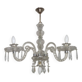 French Antique Glass and Crystal Barley Twist 3 Armed 4-Light Chandelier 5135