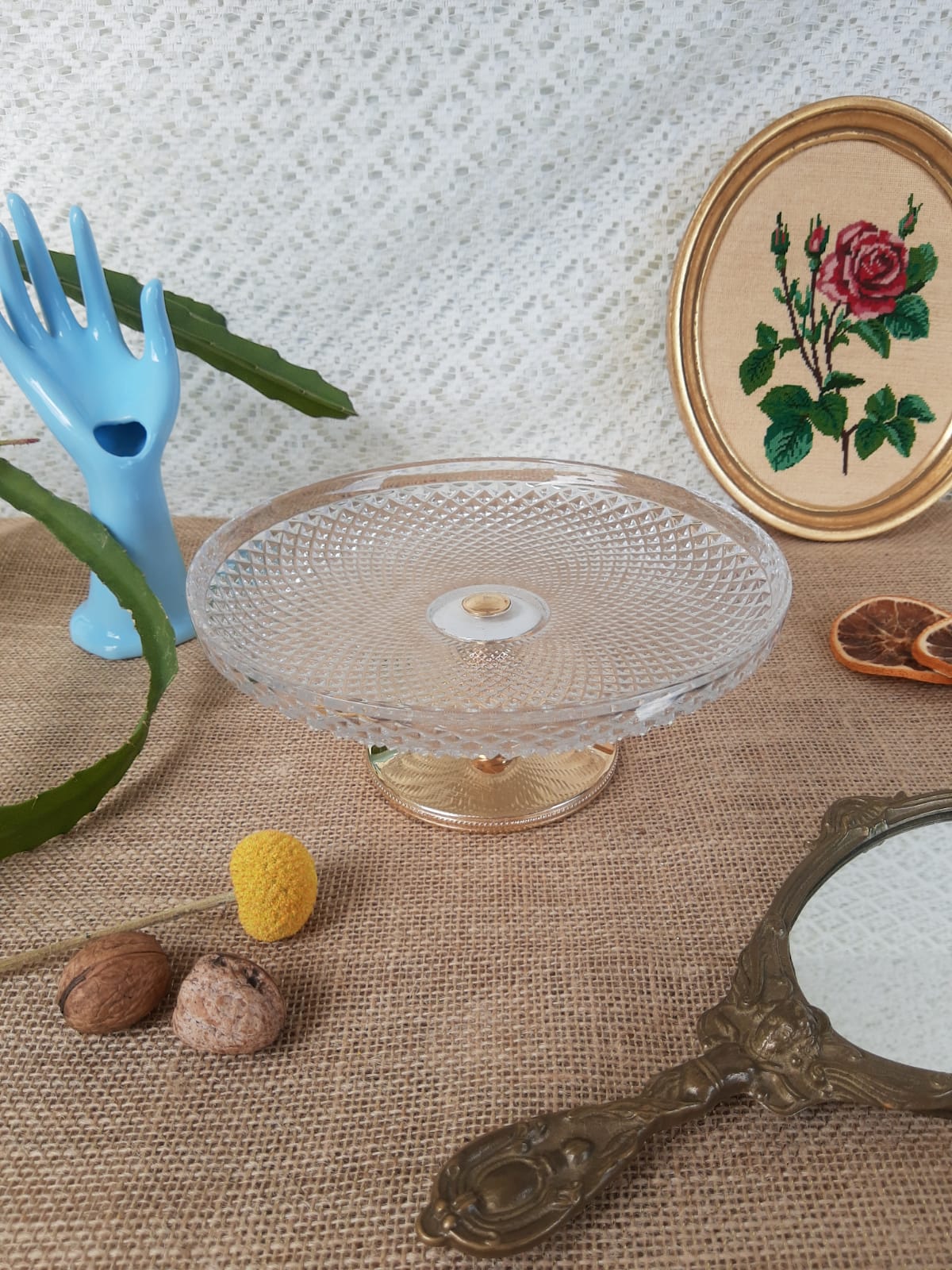 Glass and gold metal cake display - vintage