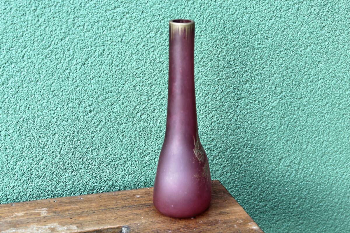 Blown soliflore vase in frosted glass, gold enameled