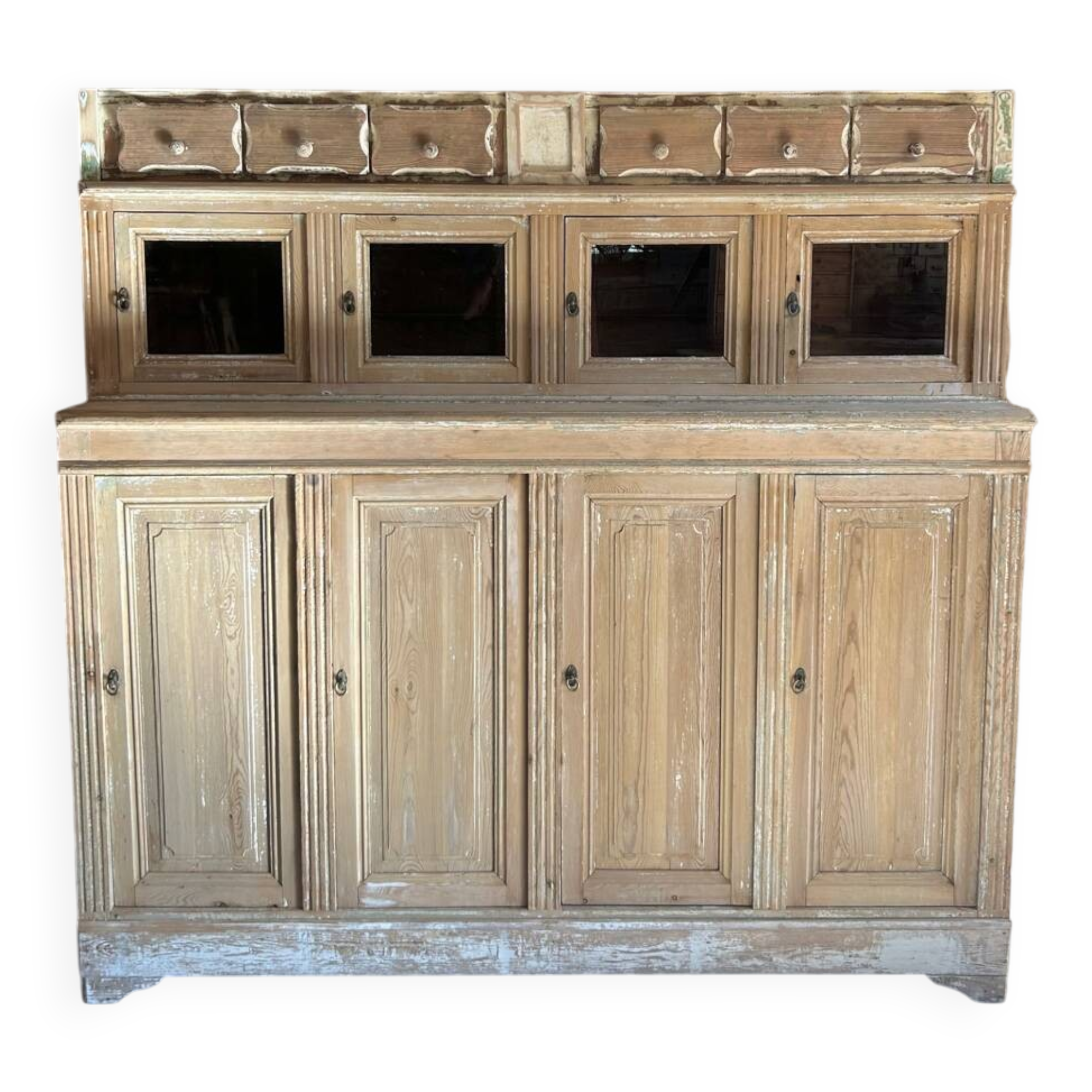 Old wooden grocery store cabinet, display cases and drawers
